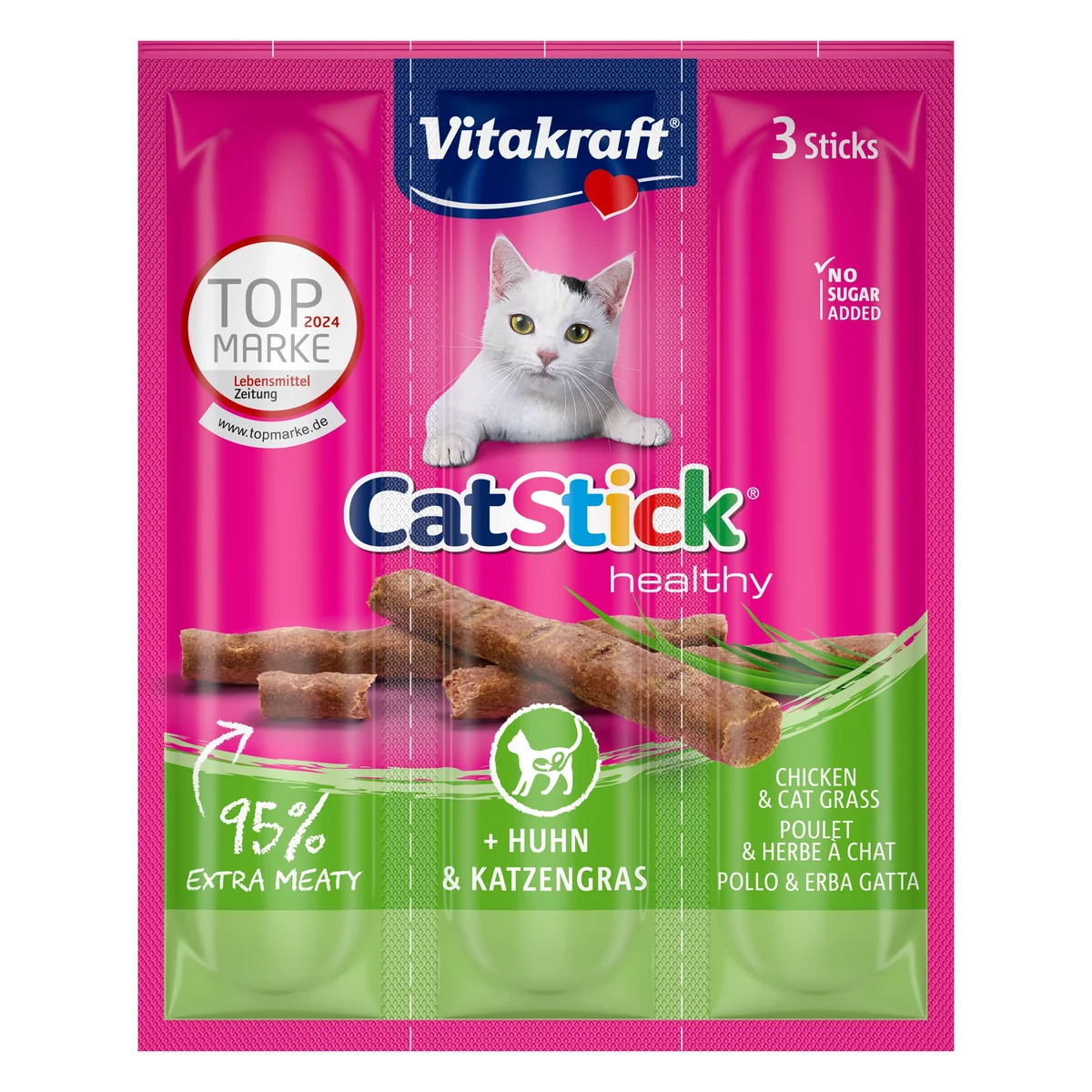 Vitakraft Cat Stick Mini Chicken & Cat Grass Cat Treat, 3 Sticks