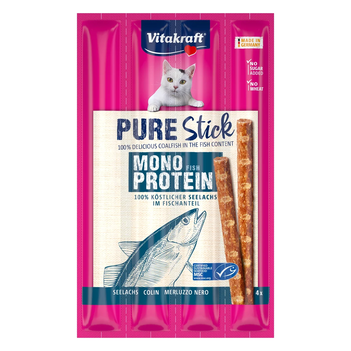 Vitakraft Pure Stick Coalfish Cat Treat, 4 × 5g